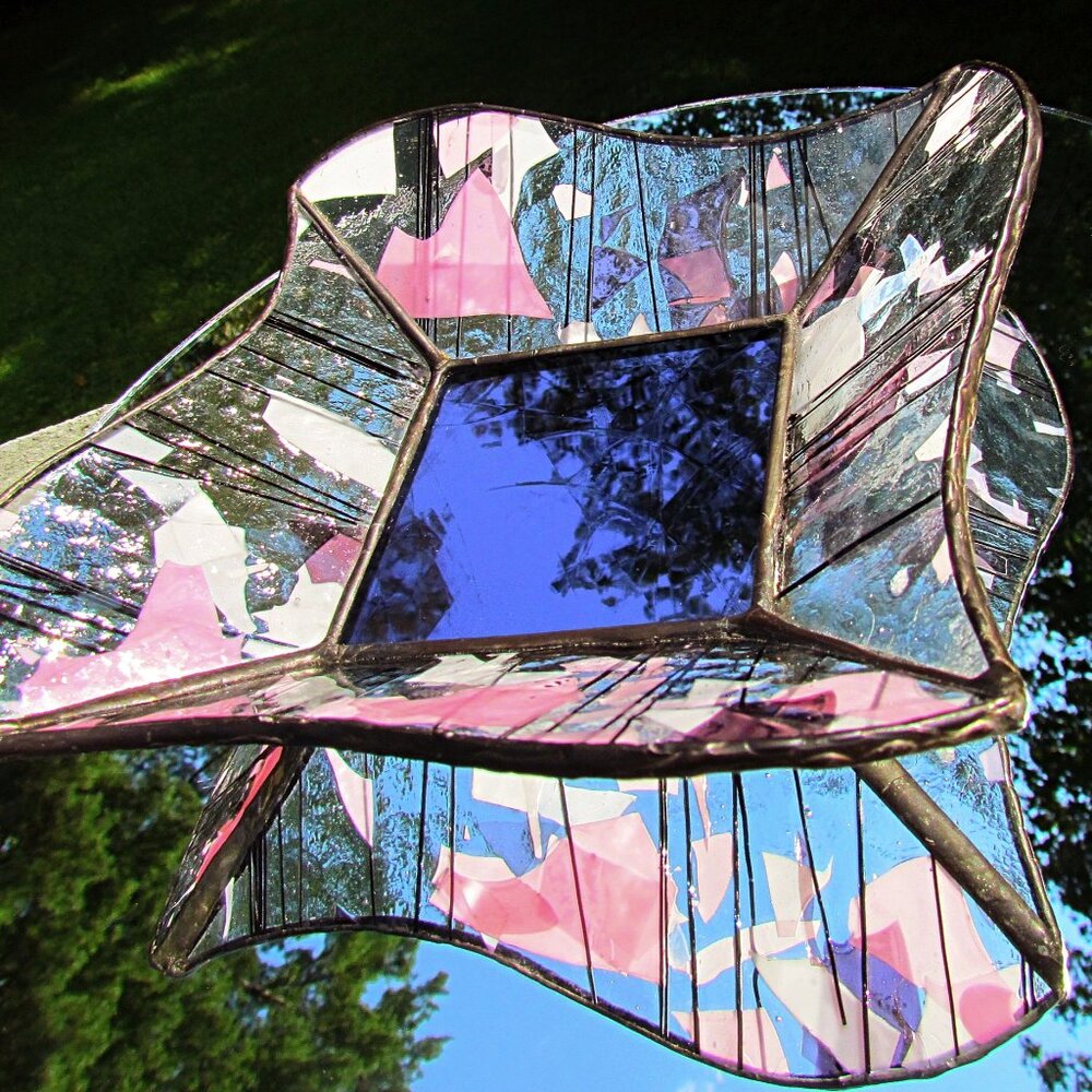 🦋 UNIQUE ABSTRACT HANDMADE STAINED ART GLASS & MIRROR TRINKET DISH